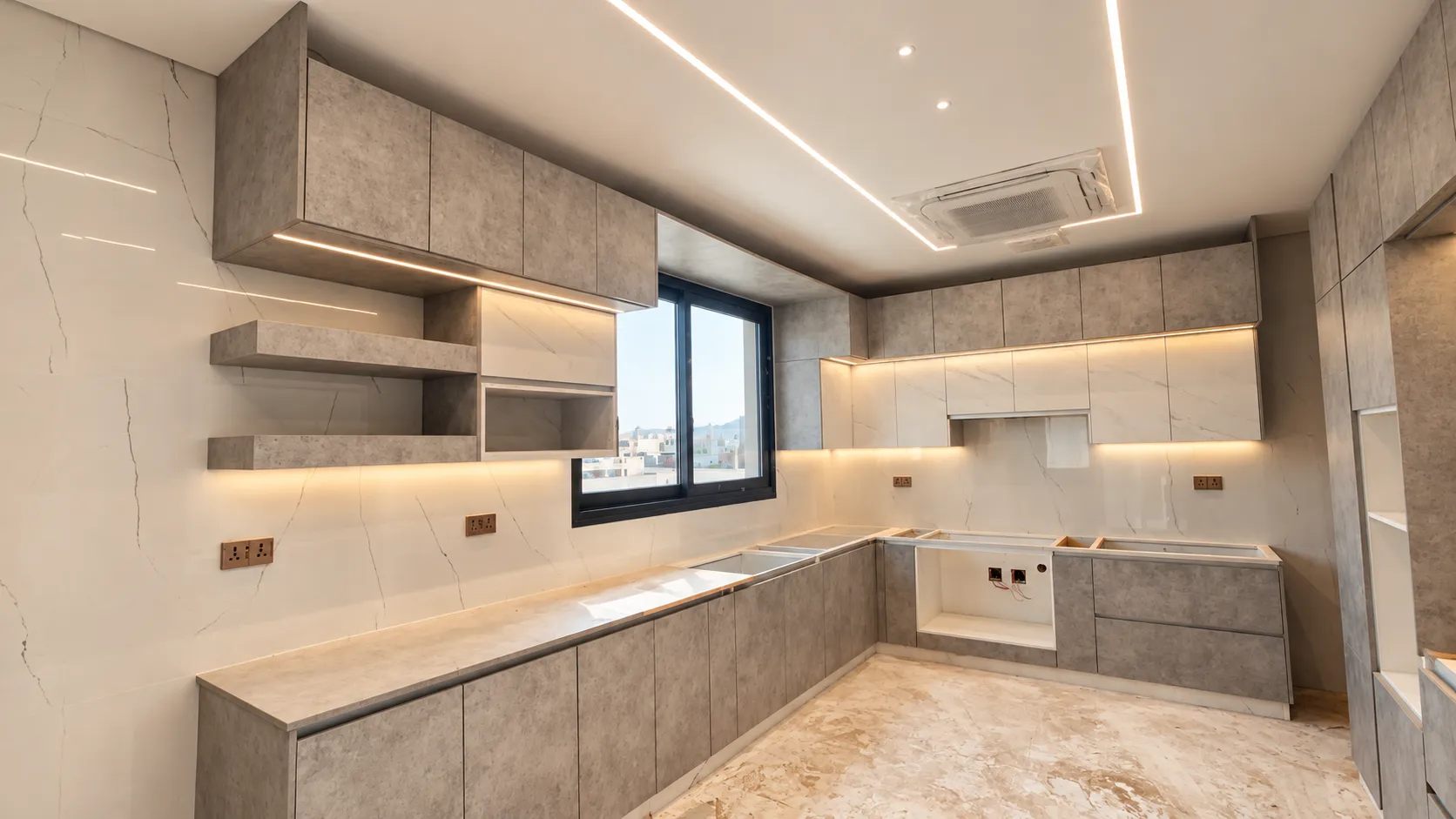 Concrete-grey kitchen with a marble-effect splashback