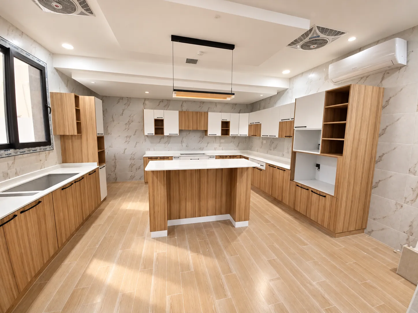 Walnut and white kitchen with a central island