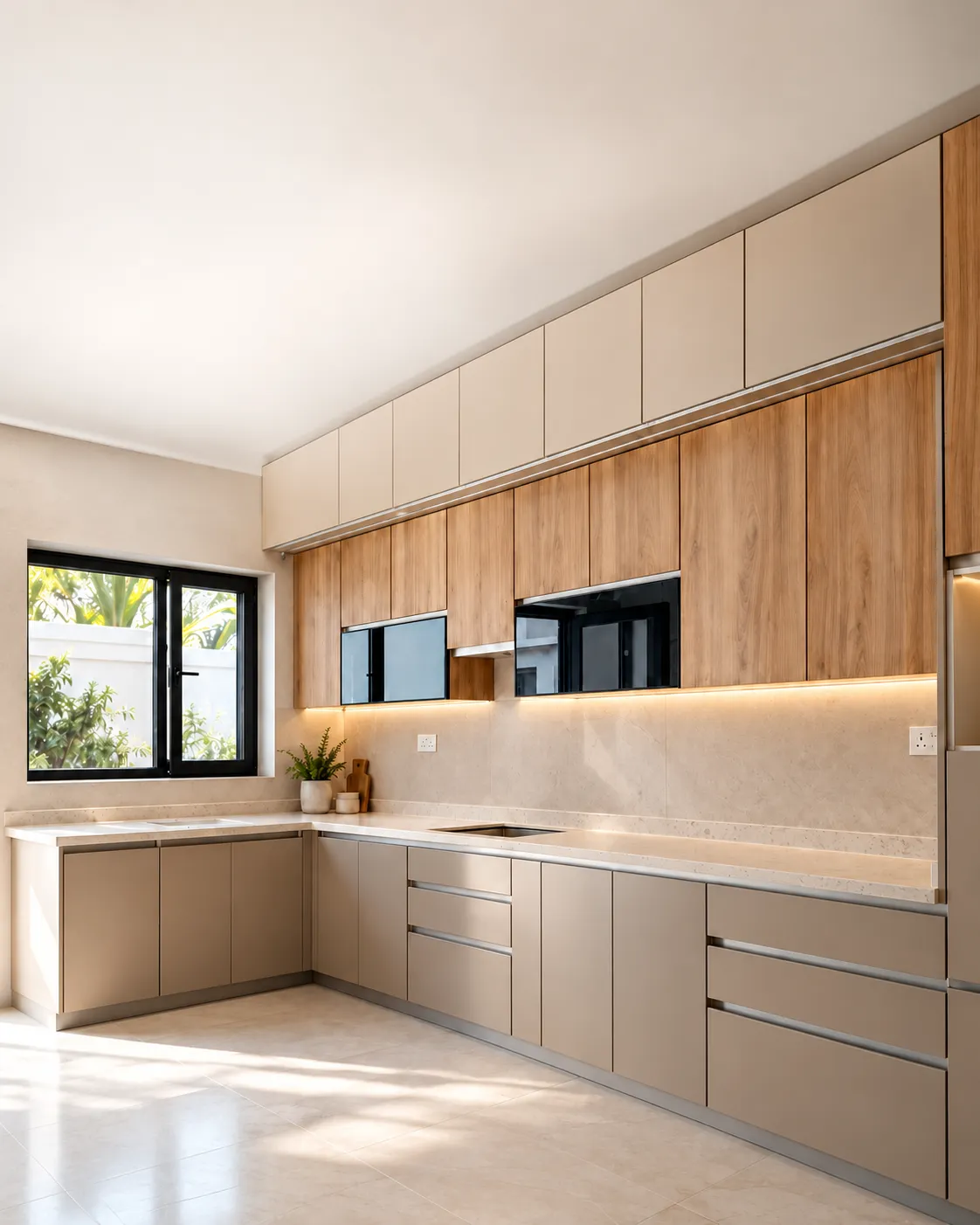 Wood and beige kitchen with integrated lighting